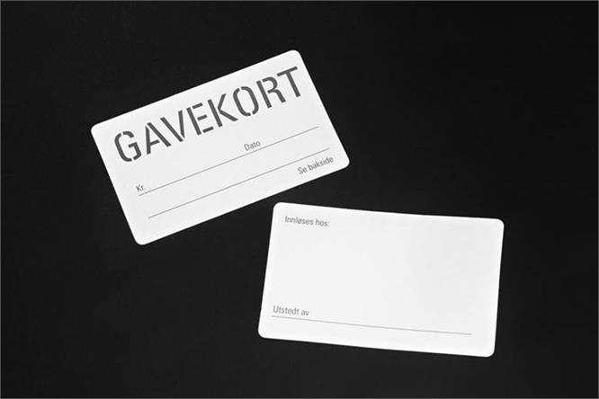 Gavekort, hvit m/ sort tekst 8,5 x 5,5 cm