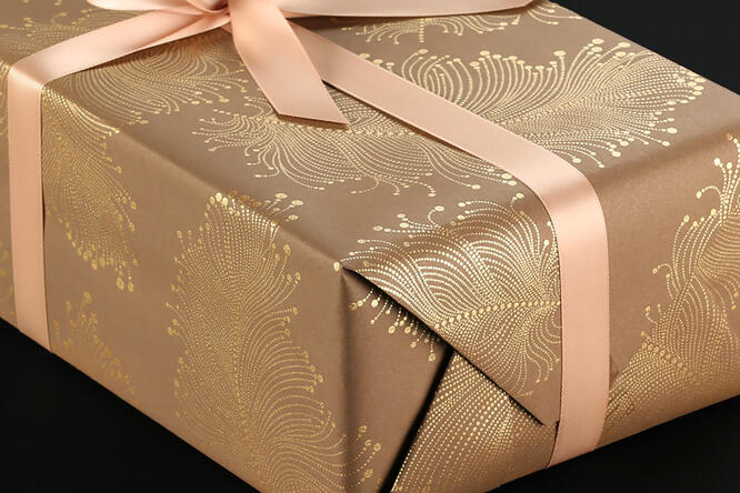 Gavepapir, Brown Gold Feather 55 cm x 120 m